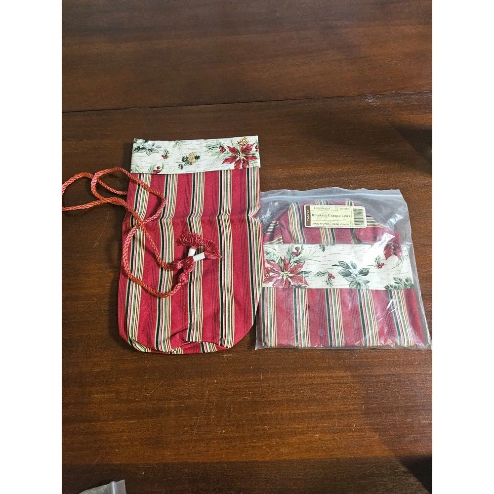 Longaberger Holiday Botanical Fabric Wine Spirits Gift Bag Holder Set of 2